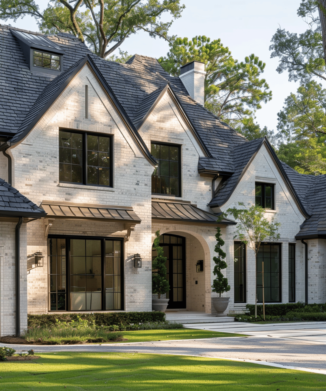 White-brick house with steep dark roofs, black-framed windows, and an arched front entry.