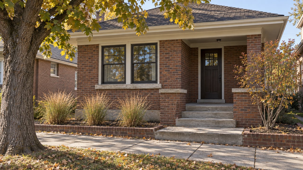 Weathered brick home with a recessed doorway, broad steps, oak tree, and tawny grasses along the sidewalk.