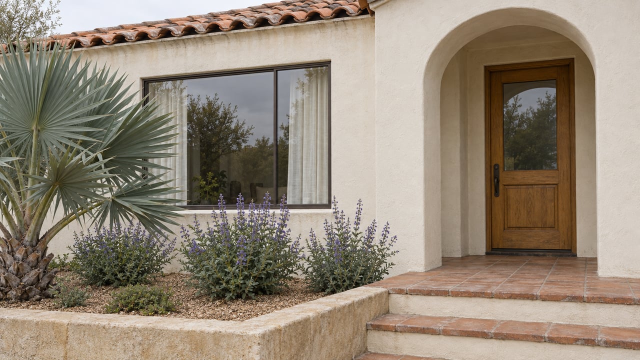 Soft daylight across a white stucco home with a clay tile roof, recessed oak entry, terracotta steps and sculptural fan aloe.