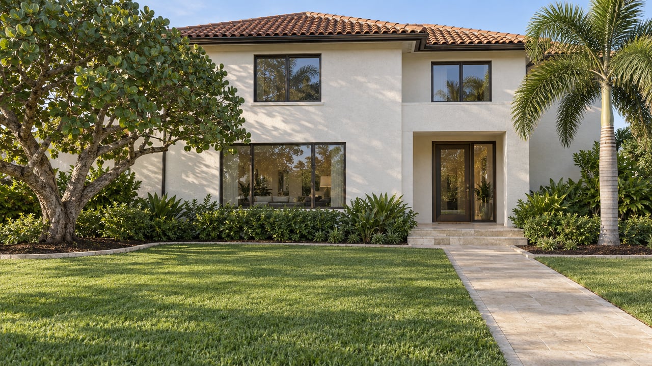 White stucco home with terracotta roof, bronze-framed windows and a limestone approach across a deep green lawn.