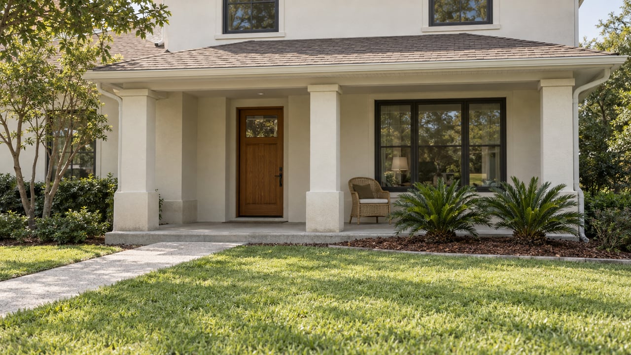 Cream stucco home with a shaded front porch, oak door, cane chair and coontie planting beyond a deep green lawn.