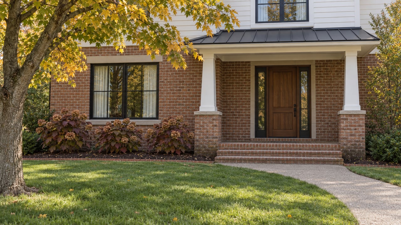 Established brick and white-sided home with a raised front porch, deep lawn, yellowing sugar maple and oakleaf hydrangeas.