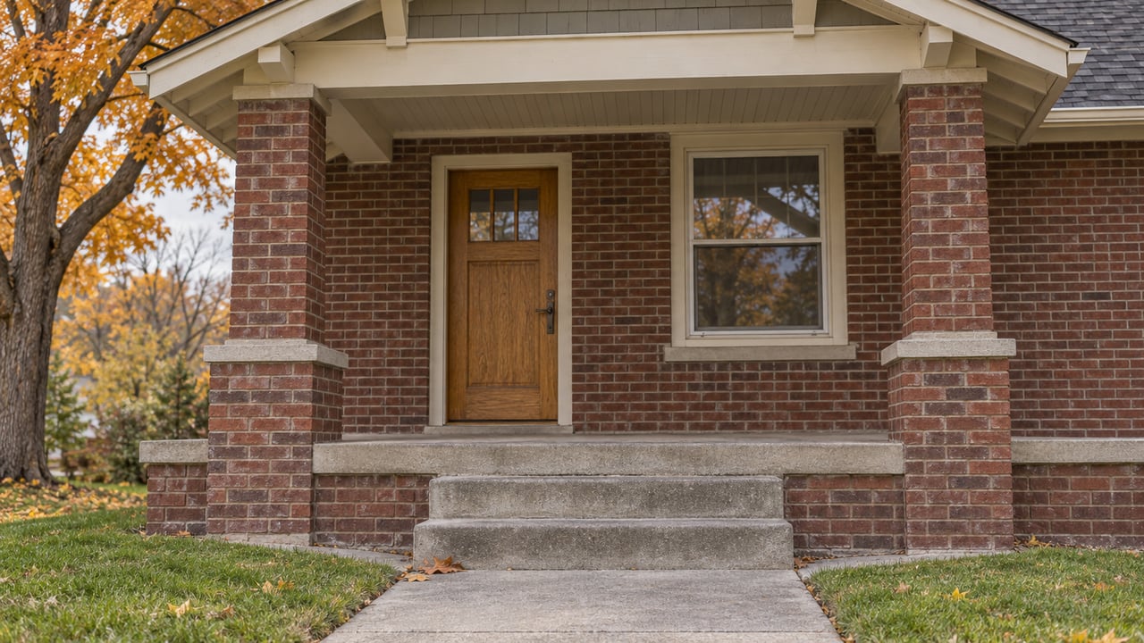 An established brick house porch with a honey-colored wood door, cream trim, concrete steps and golden maple foliage.
