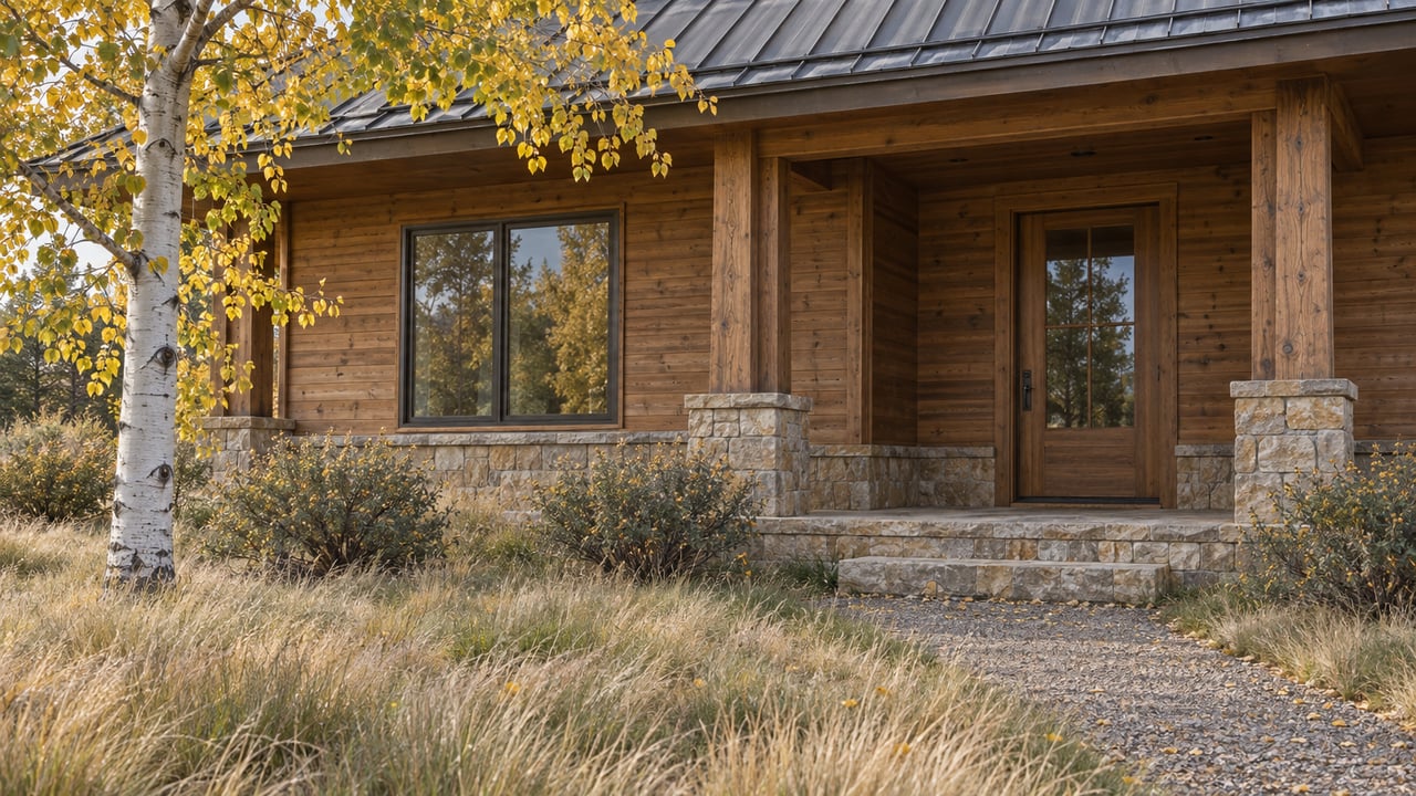 Cedar-clad home with a timber porch, stone steps, and a deep straw-colored lawn beneath a yellowing aspen.