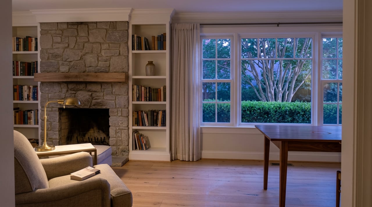 Living room with a fieldstone fireplace, walnut dining table, and dusk-lit multi-pane windows overlooking a hedge and crape myrtle.