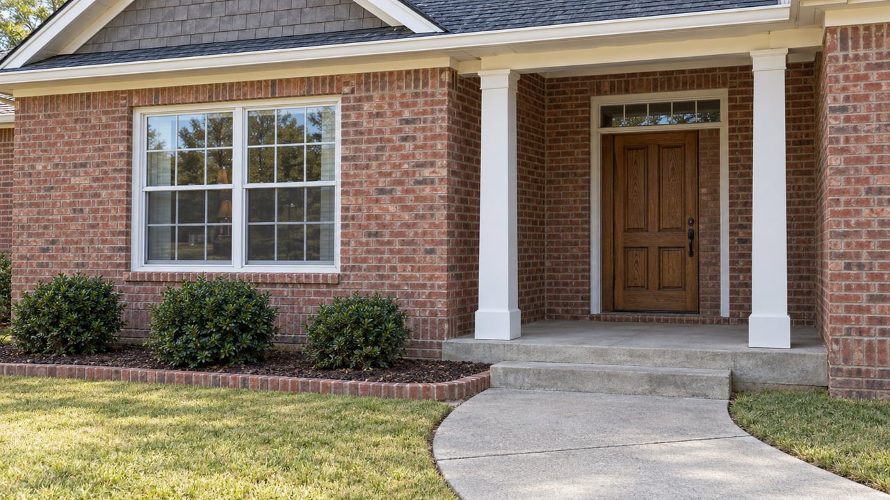Brick house entrance with white porch columns, a wooden door, and a curved concrete walkway.