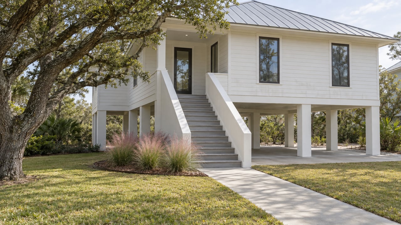 Elevated white home with a metal roof, sheltered entry stairs, broad lawn and a sculptural live oak in soft afternoon light.