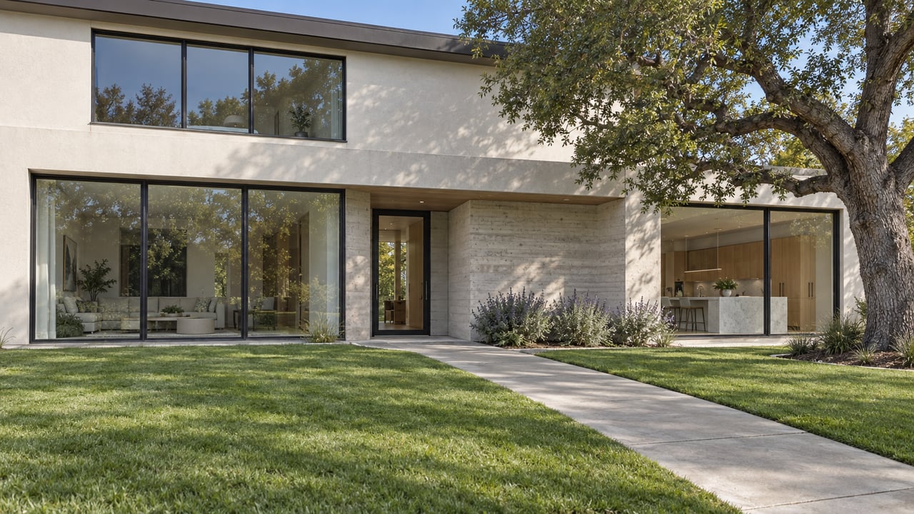 Contemporary stucco home with large dark-framed windows, a broad lawn, concrete entry walk and mature oak tree in afternoon light.