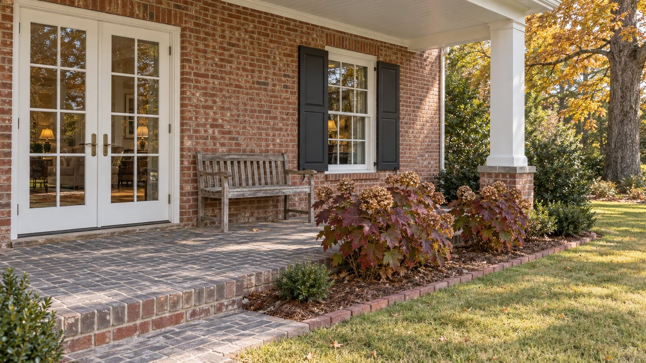 Brick home with a covered porch, glazed double doors, an oak bench and autumn oakleaf hydrangeas beside a lawn.