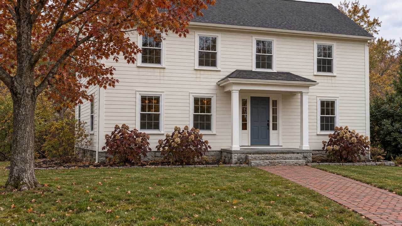 Ivory clapboard home with a blue front door, granite steps, brick walk, and an autumn lawn beneath a red maple.