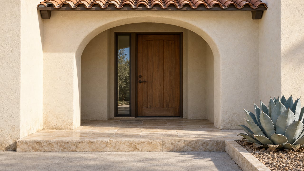 Sunlit textured stucco arch framing a recessed oak front door above a limestone porch, with a single blue-gray agave beside the approach.