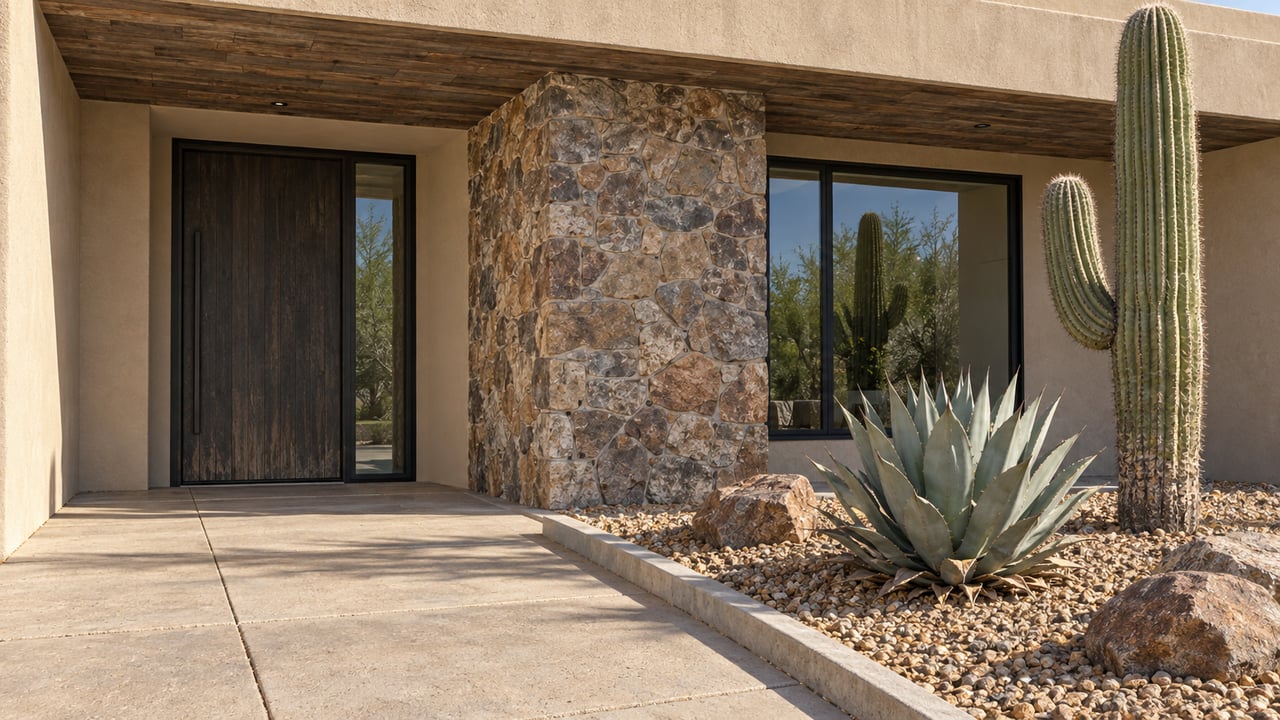 Desert-modern home's shaded wood entry and stone pier beside a saguaro and agave in a gravel bed.