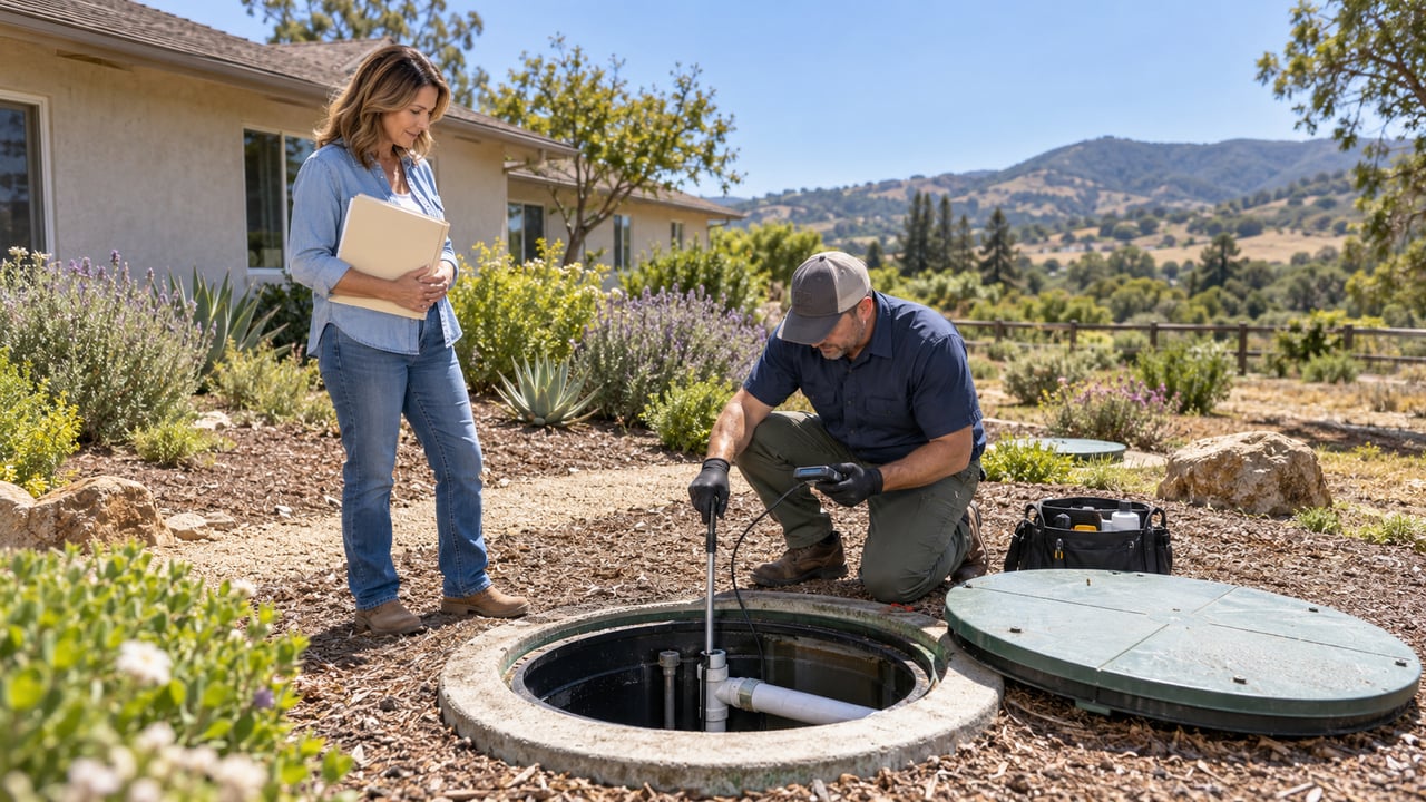 Home exterior with a man inspecting an open underground tank as a woman watches.