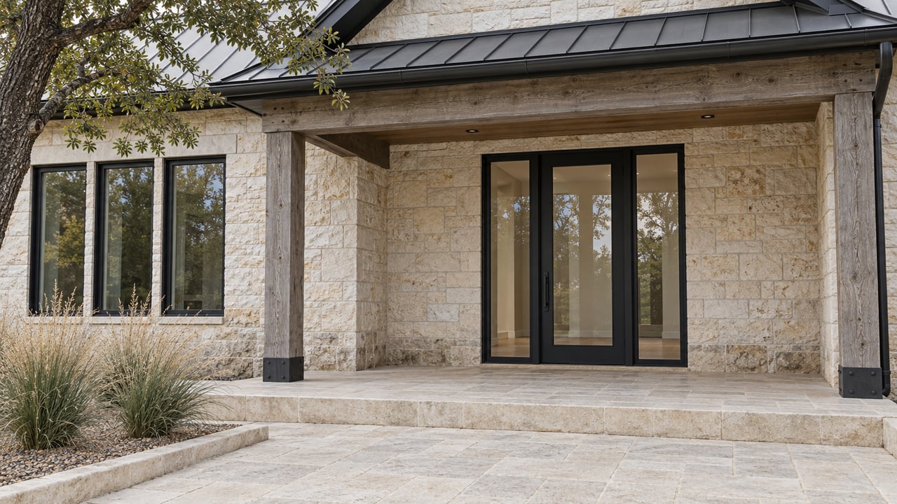 Covered entry with pale limestone walls, timber posts, black-framed glazing and native grasses beside a broad stone approach.