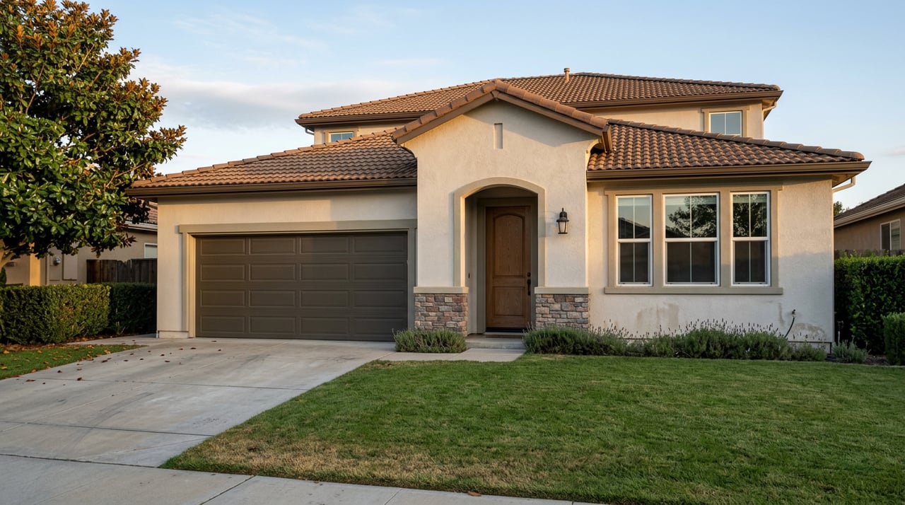 Two-story beige stucco house with a terracotta tile roof, arched entry, attached garage, and magnolia tree beside the lawn.