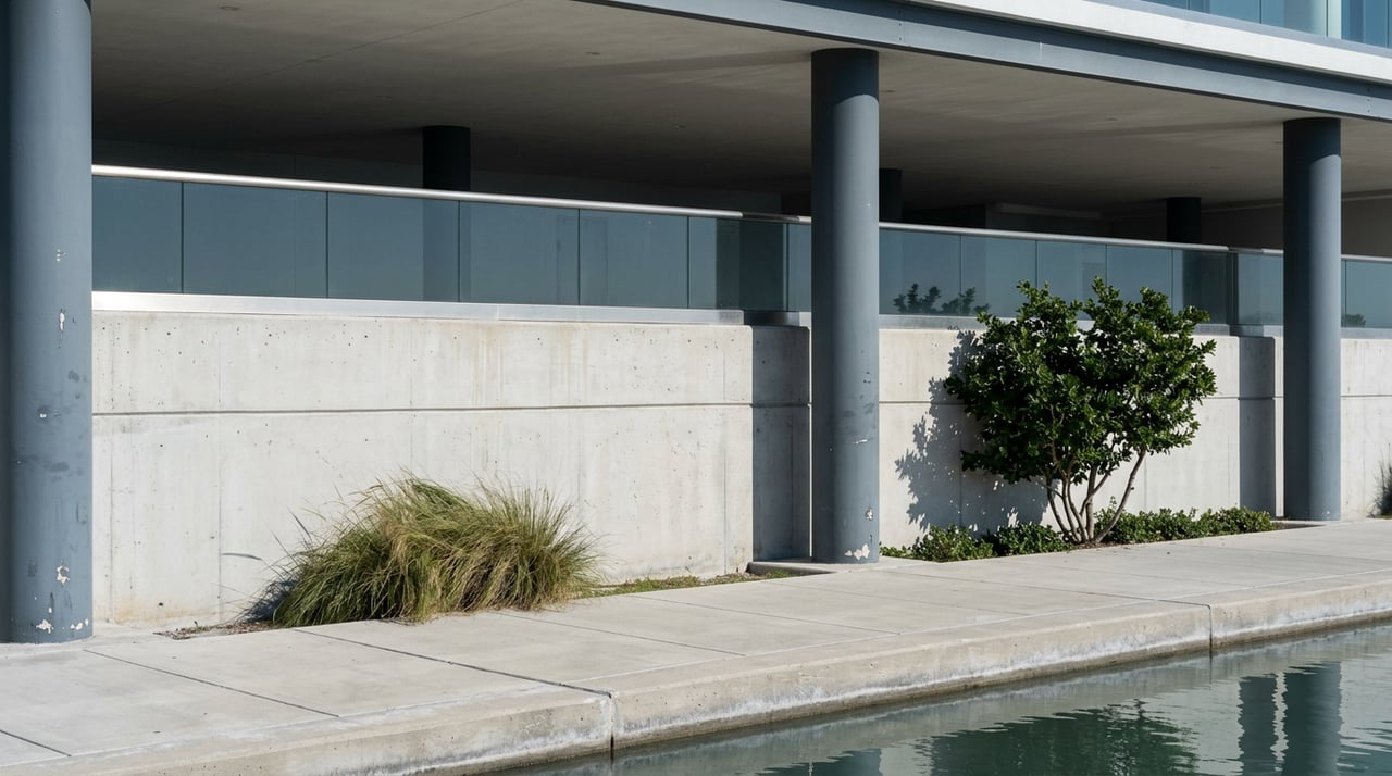 Raised concrete plinth with three charcoal steel columns beside calm water, grass and a small-leaved tree.