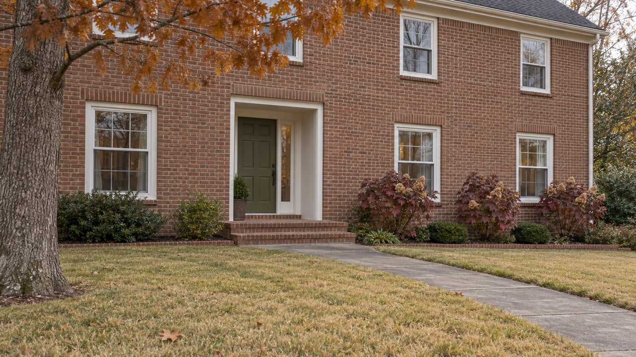 A two-story brick home with white window trim, an olive entry door, and a broad autumn lawn beneath a mature oak.
