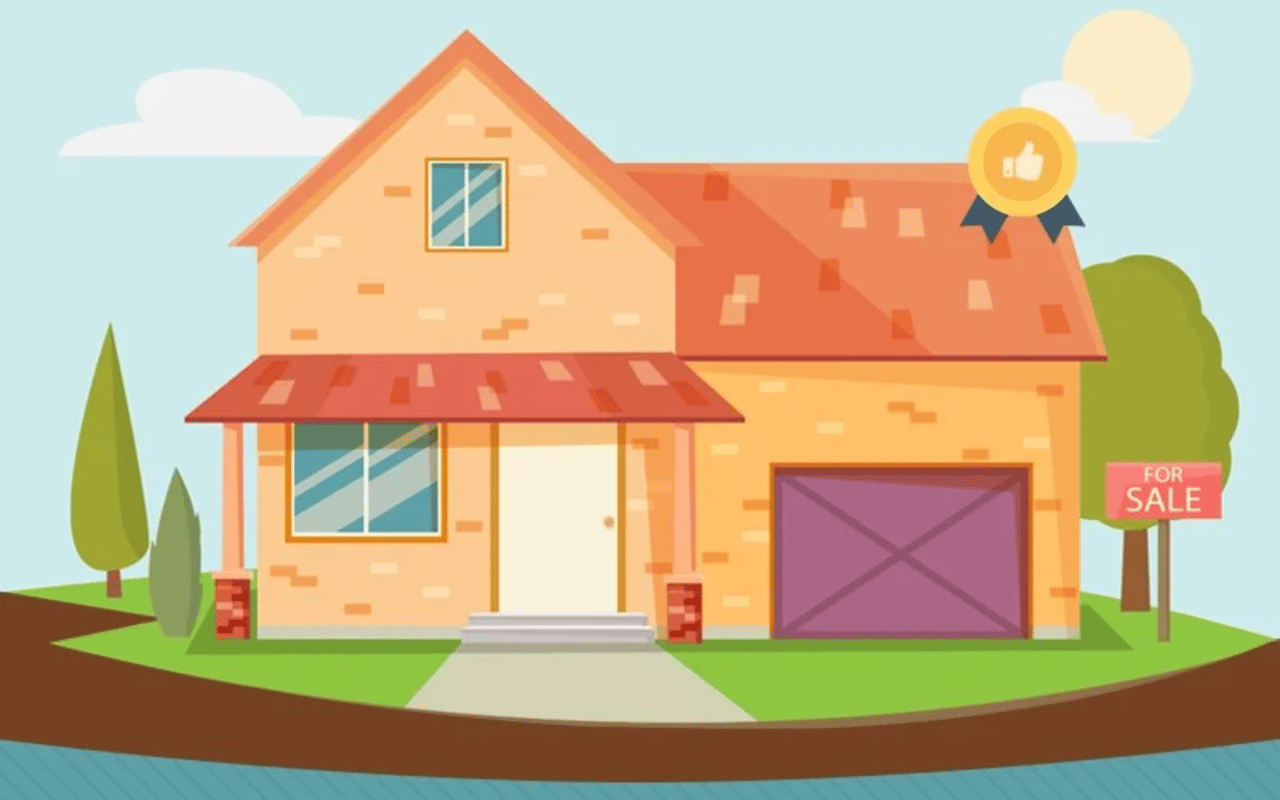 Illustration of a two-story house with a garage and a FOR SALE sign.