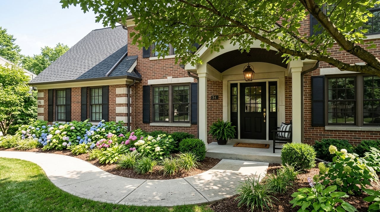Brick house entry with a walnut door, limestone surround, curved concrete walk, and leafy trees overhead.