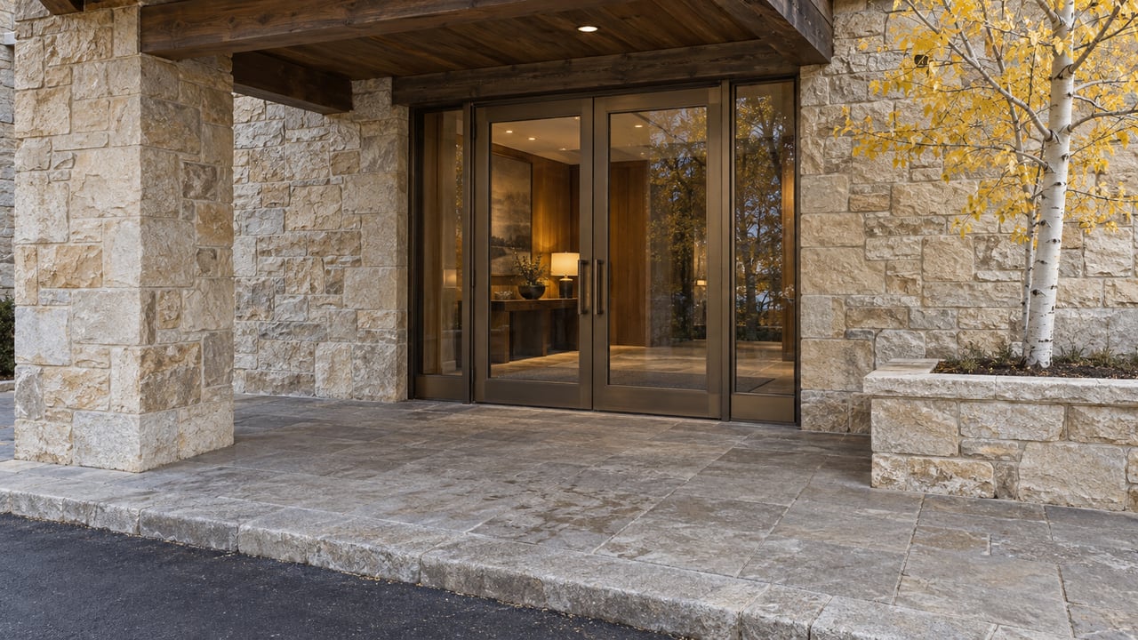 Limestone condominium entrance with bronze-framed glass doors, timber canopy, and a sparse yellow-leaved aspen.