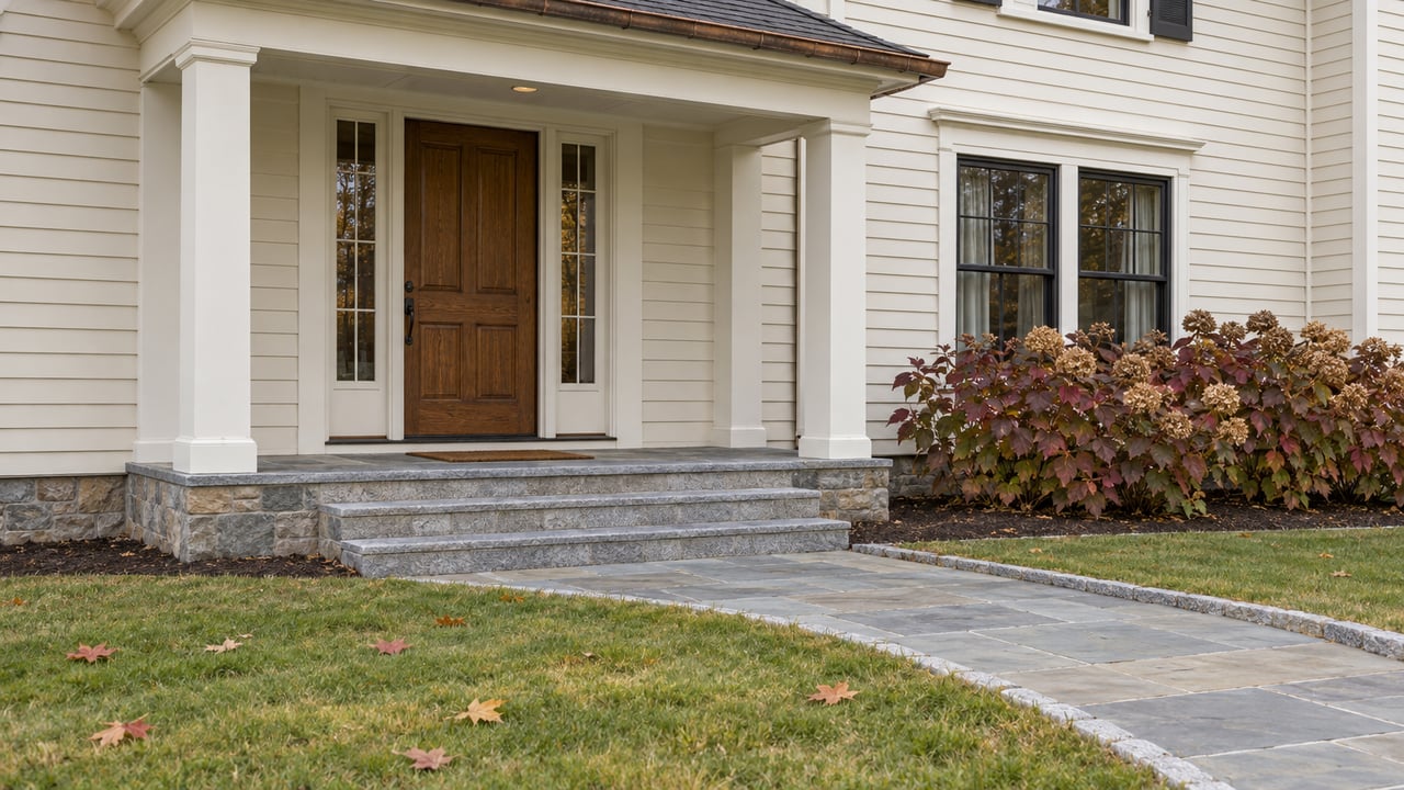 Autumn leaves on a lawn beside a granite walk leading to a covered colonial entry with an oak door and ivory clapboards.