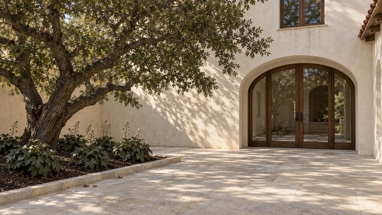 Sunlit limestone courtyard with a mature oak beside an ivory stucco home and arched walnut-framed glass doors.