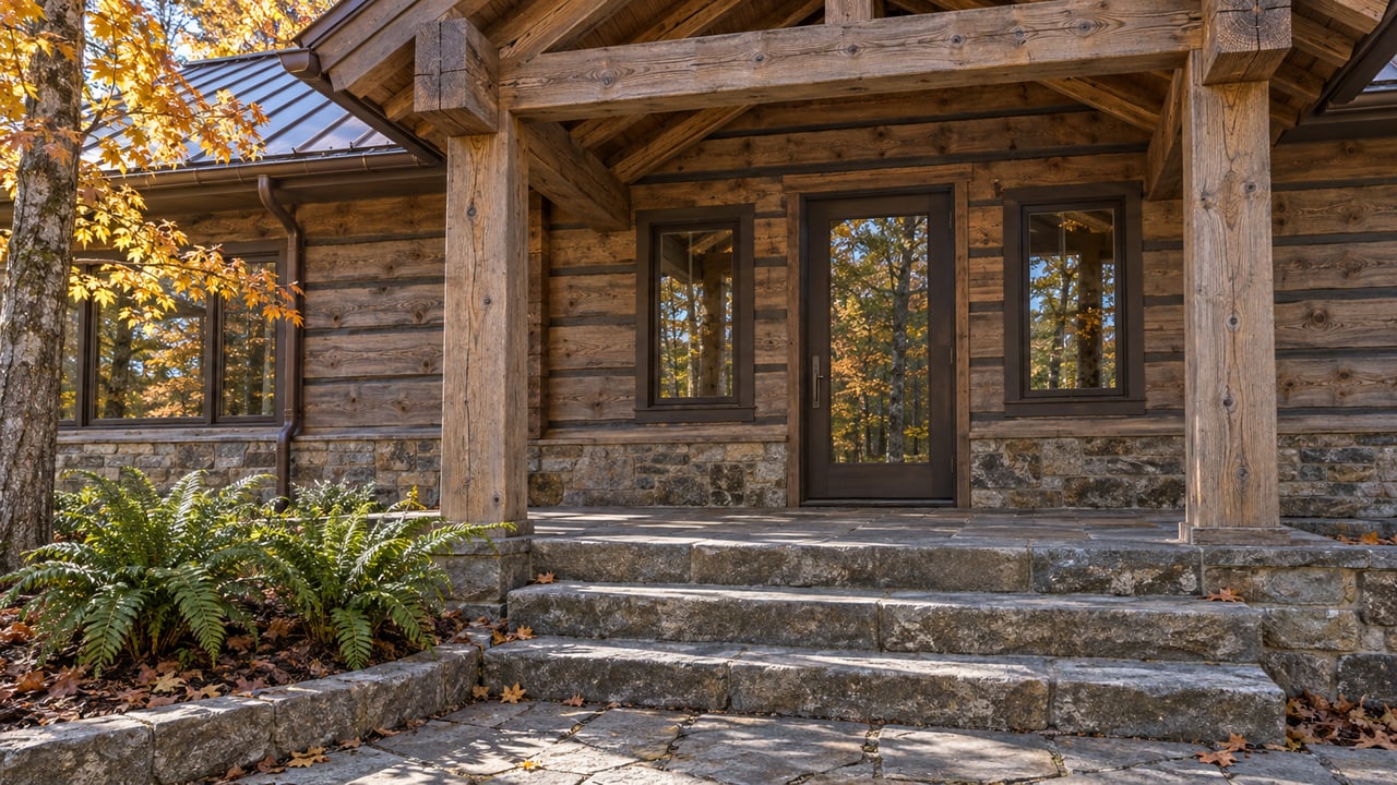 Timber home entrance with a deep covered porch, sandstone steps, and amber maple leaves in cool autumn daylight.
