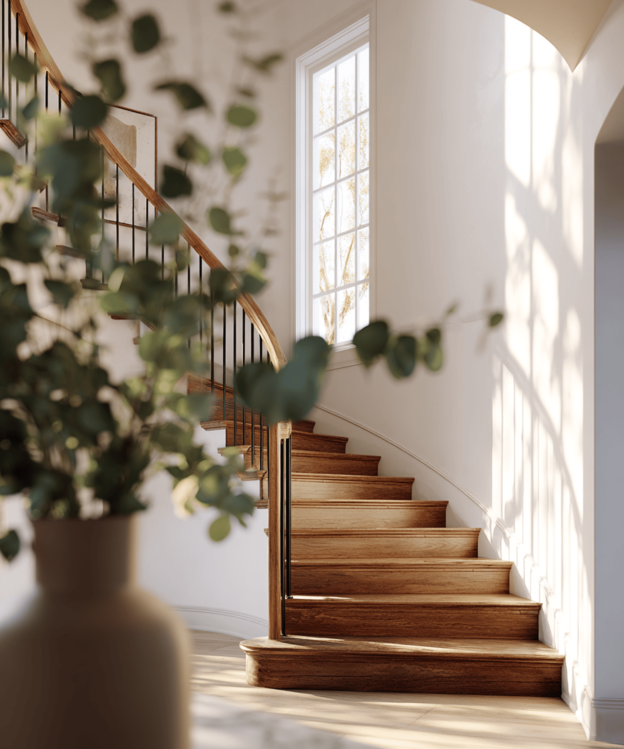 Sunlit entryway with a curved wooden staircase beside a tall multi-pane window.
