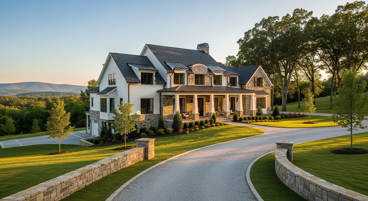 Large white house with dark gabled roofs beyond a curving driveway and low stone walls.
