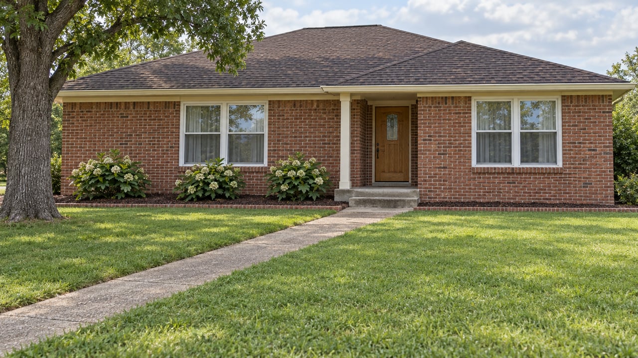 Red-brick ranch home with a deep front lawn, concrete entry walk, mature white oak and oakleaf hydrangeas.