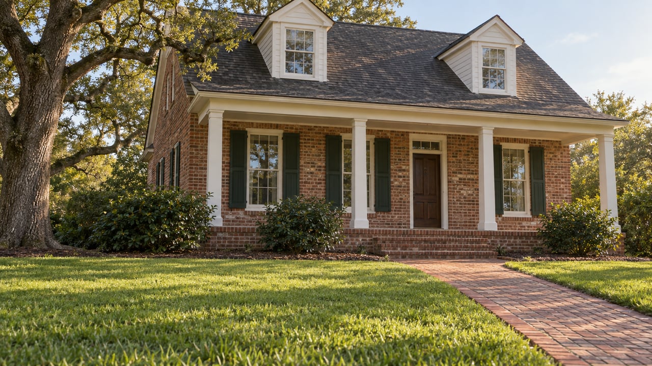 Warm afternoon light falls across a broad lawn, brick approach, and traditional brick home with a deep porch beneath a mature live oak.