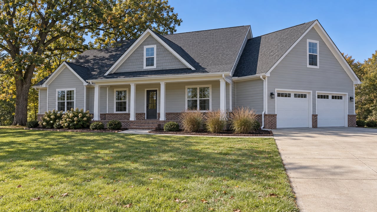 Traditional gray gabled home beyond a deep front lawn, with a broad concrete driveway, mature bur oak and carefully edged planting beds.