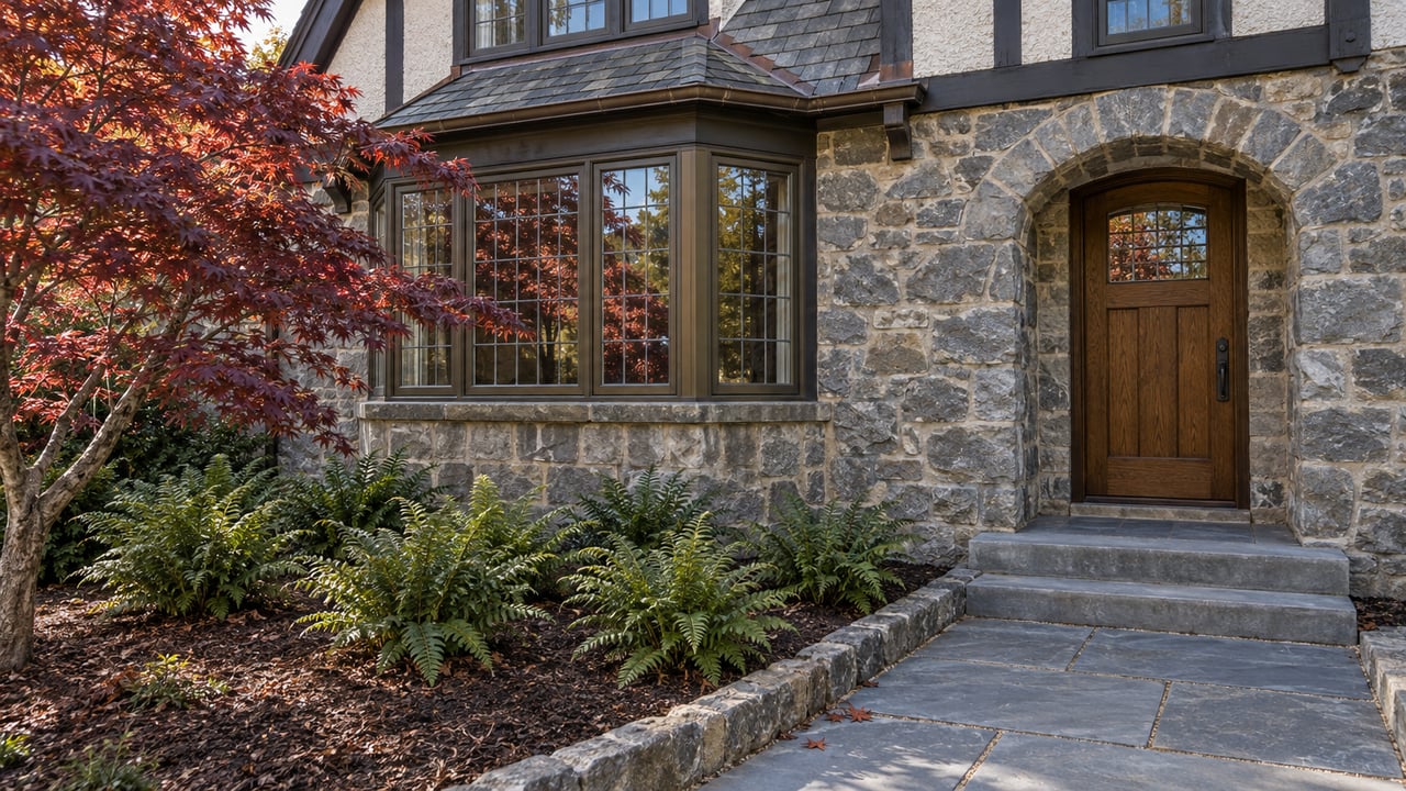 Autumn light on a fieldstone and timber house, with a leaded-glass bay, oak entry door and a burgundy Japanese maple beside the stone approach.