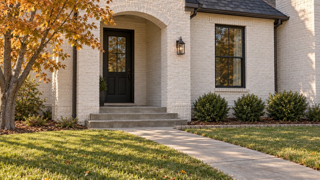 White painted-brick home with an arched black-door entry, concrete front walk and amber maple foliage in afternoon light.