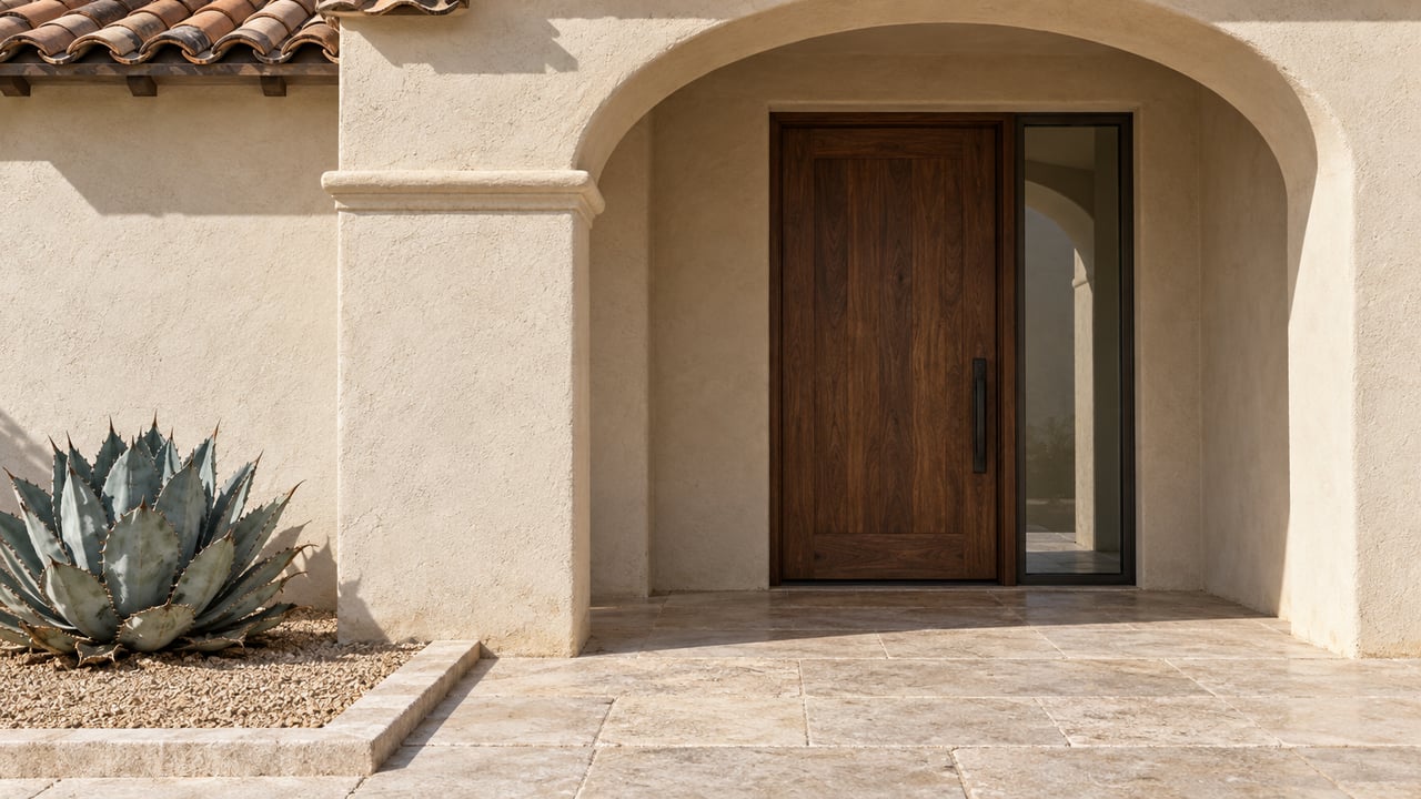 Sunlit ivory stucco entry with a recessed walnut door, terracotta eave, limestone paving and a single blue-gray agave.