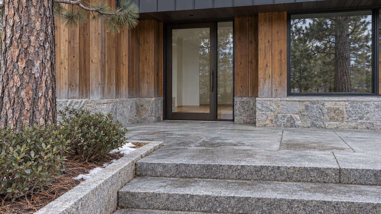 Cedar-clad home entrance with dark-framed glass, granite steps, a mature pine and a trace of snow beside the planting bed.