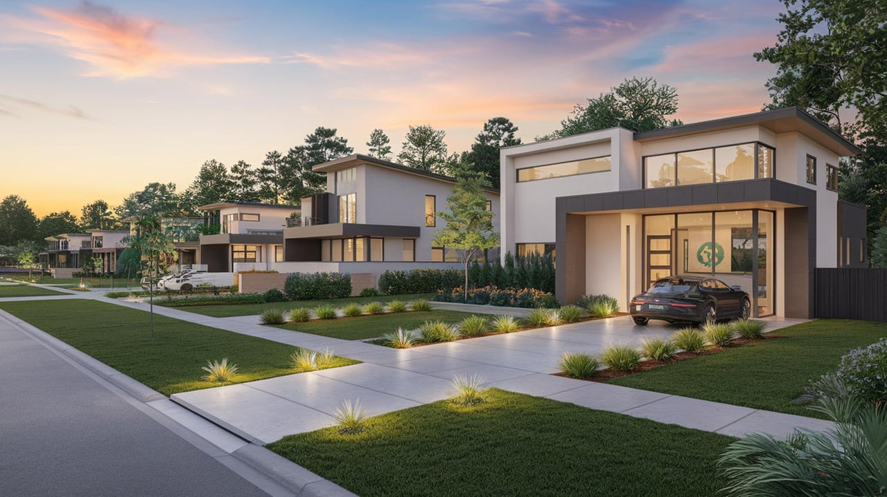 Modern flat-roofed homes line a landscaped street beneath a pink-and-blue sunset sky.