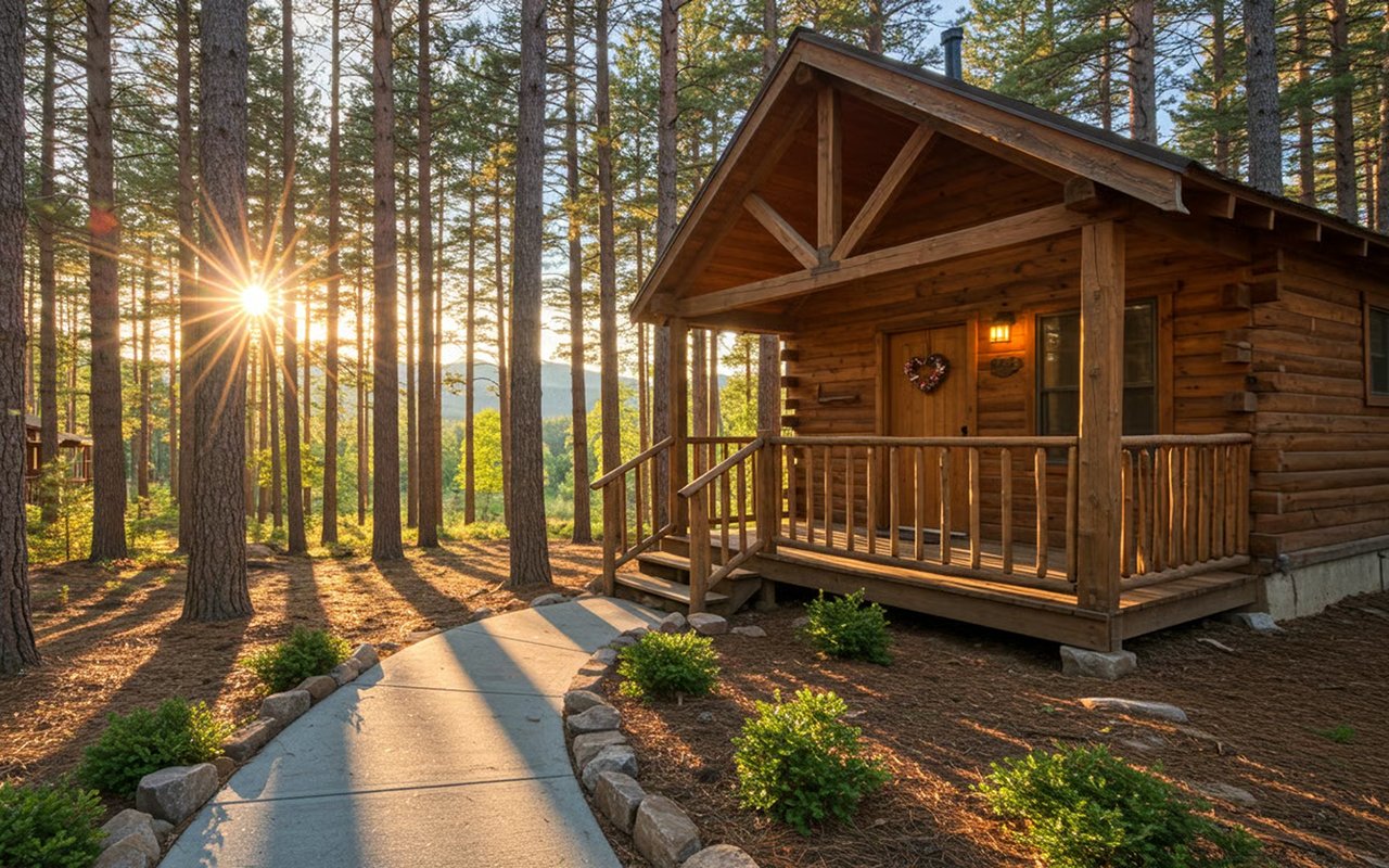 Wooden cabin with a covered porch among tall pines, lit by low golden sunlight.