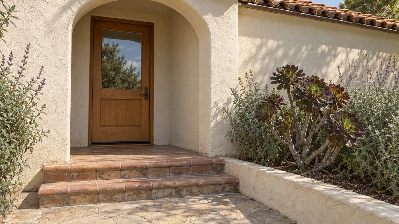 Cream stucco arched entry with a glazed oak door, worn clay-tile steps, and sculptural succulent planting beside a raised curb.