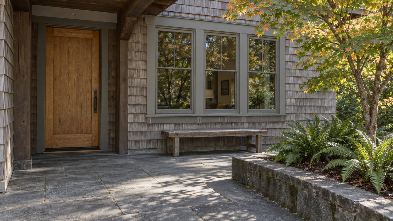 Cedar-shingled home entry with oak door, grouped windows, basalt paving and a vine maple above sword ferns.