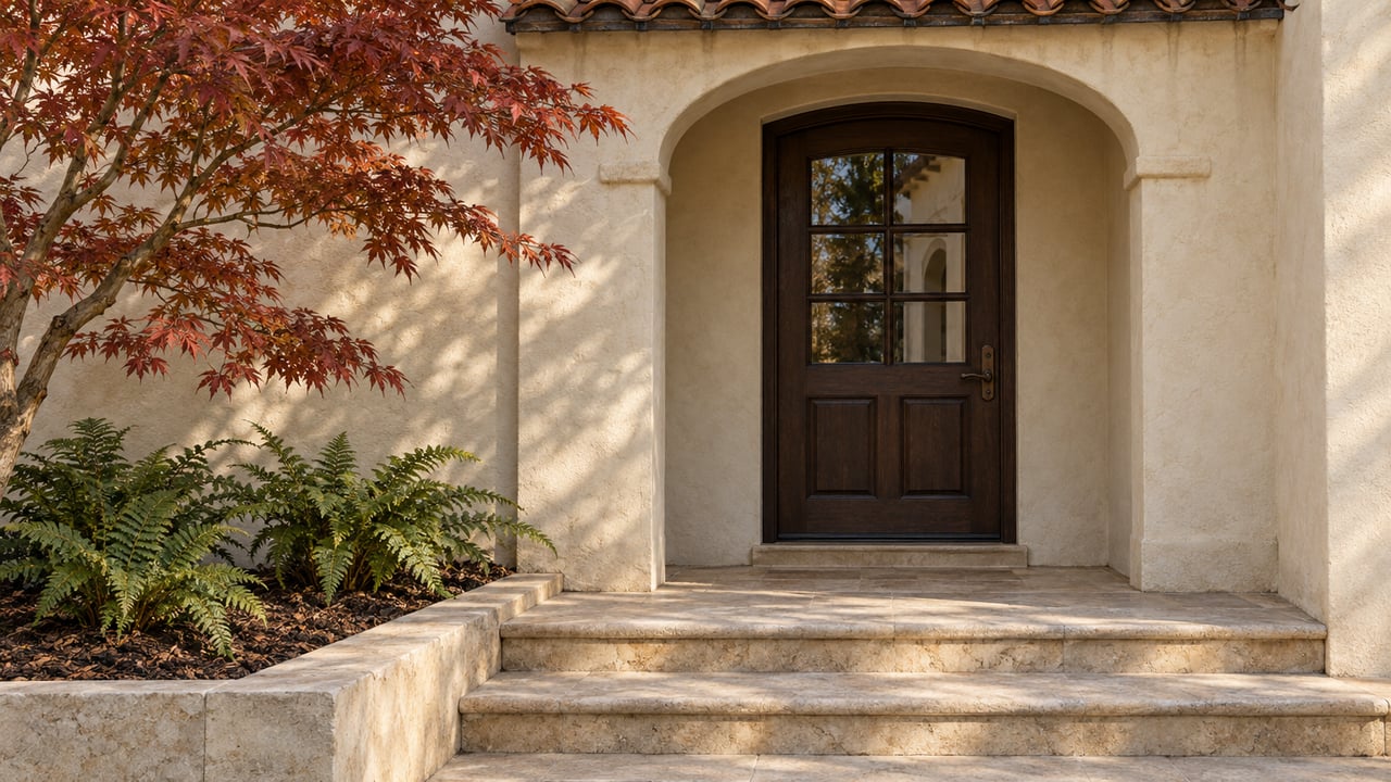 Arched cream-stucco entry with a divided-light oak door, worn limestone steps, and rust-red maple leaves.