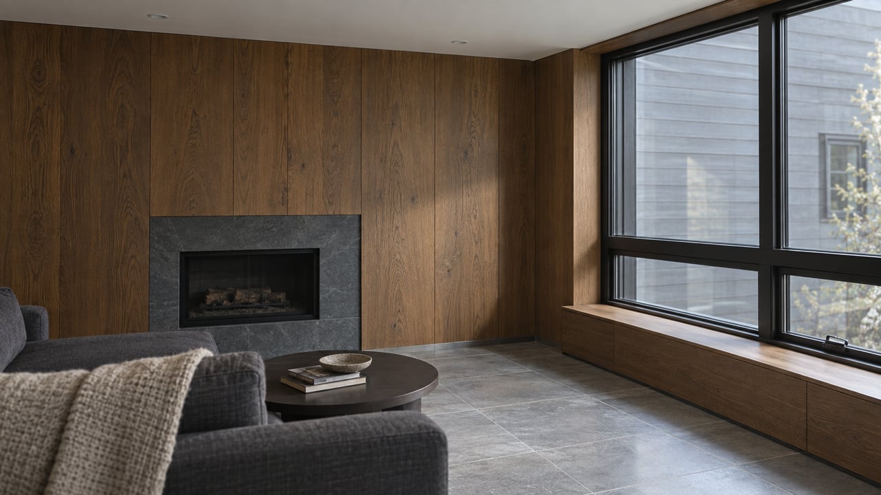 Oak-paneled living room with a dark fireplace, black-framed window, gray tile floor, and charcoal sofa.