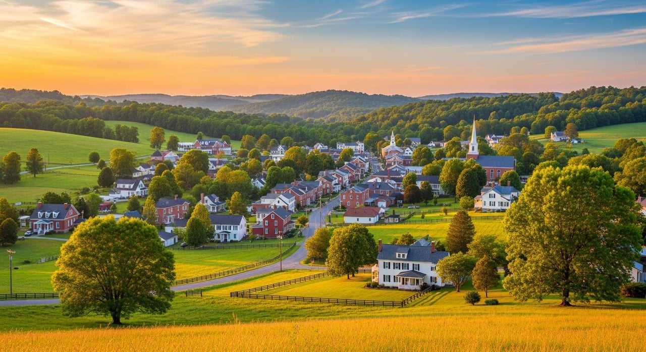 Small town among rolling hills, with church steeples and fenced fields at sunset.