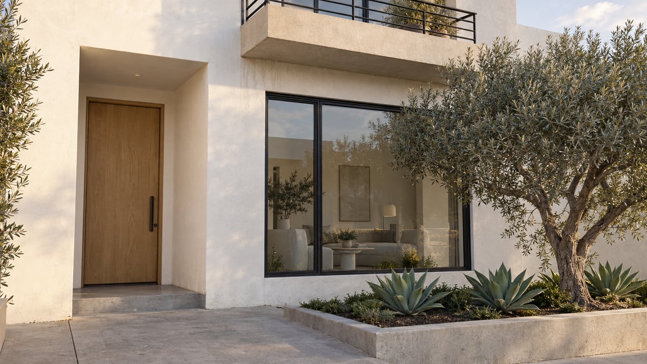 Off-white stucco home with a recessed oak door, dark-framed window, balcony, olive tree, and agaves.