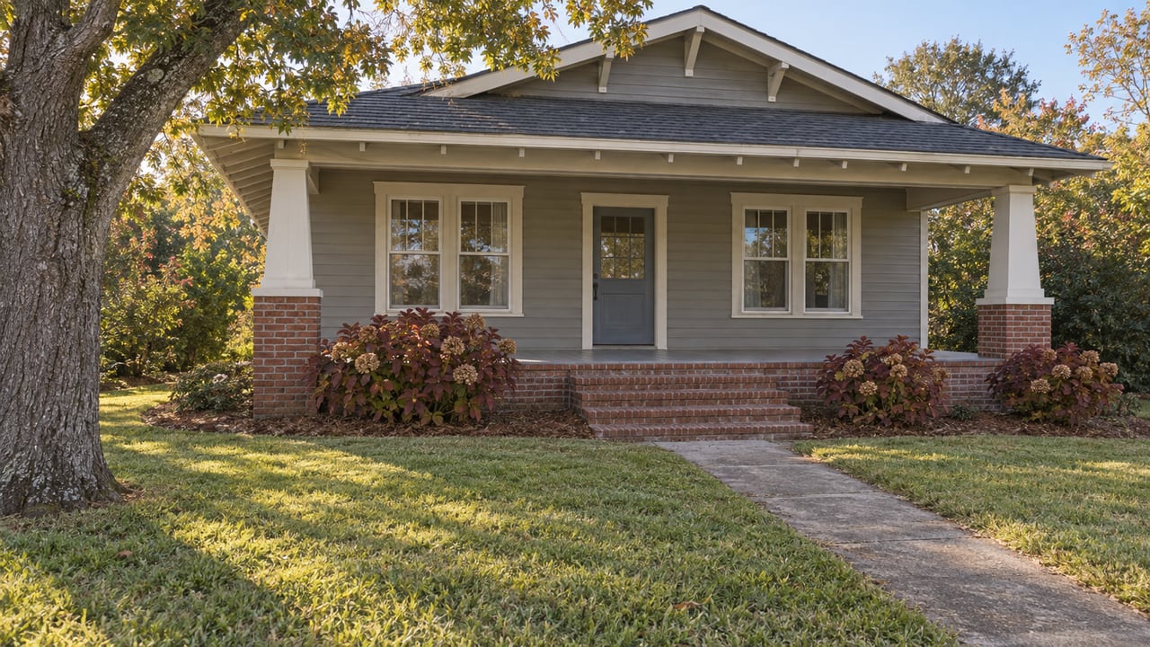 Restored gray clapboard bungalow with a covered brick-based porch, blue front door and deep front lawn beneath an oak canopy.