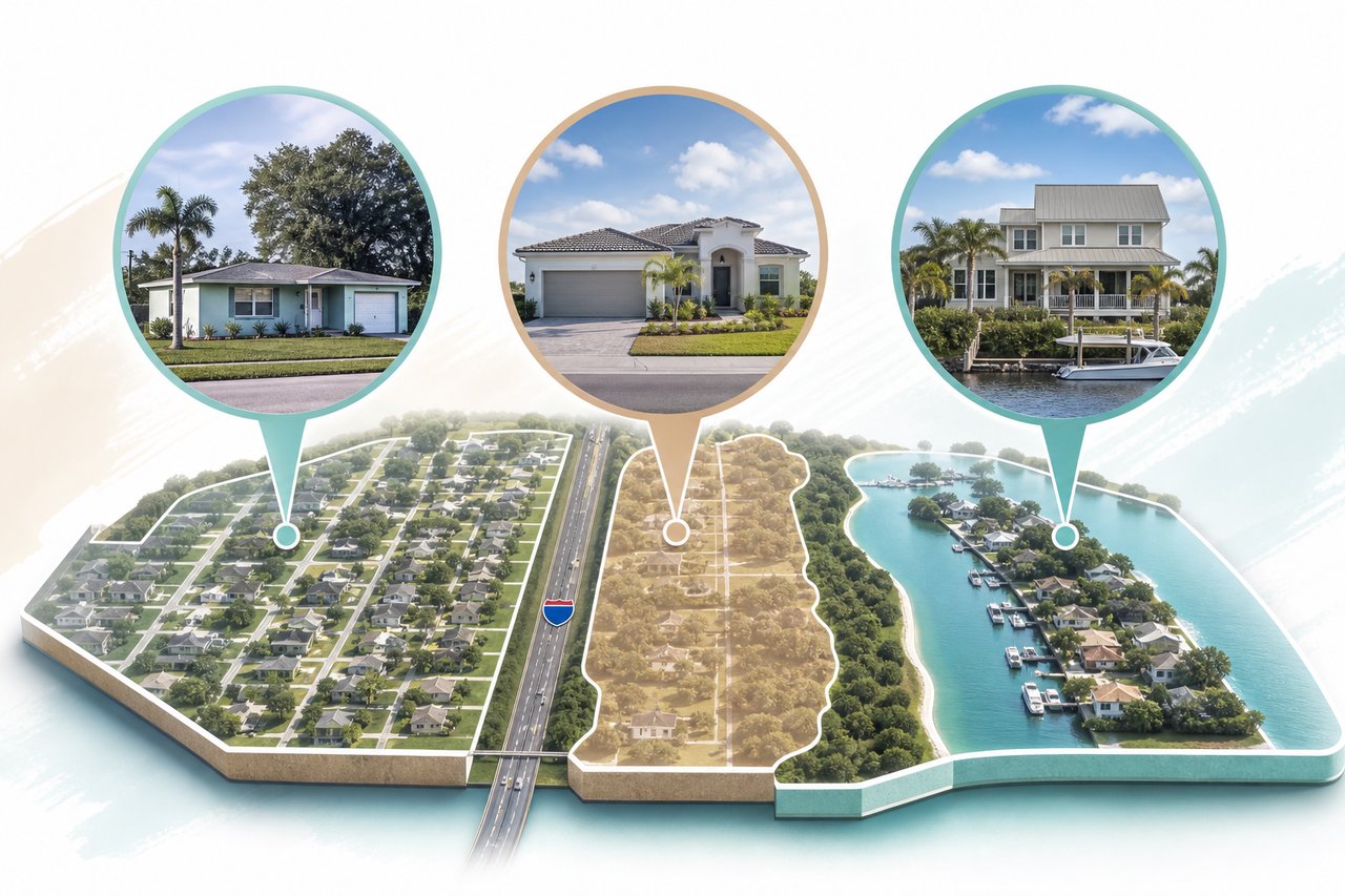 Illustrated coastal neighborhood map with callouts showing three different homes, including a waterfront house.
