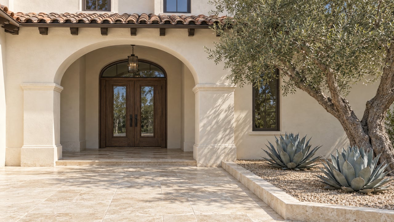 Cream stucco home entry with a deep arch, walnut double doors, terracotta roof tiles and a mature olive tree beside a limestone approach.