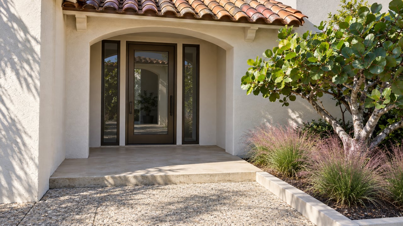 Cream stucco arched entry with a clay-tile porch roof, bronze-framed glazed door, shell-aggregate approach, sea grape specimen and pink muhly grass.