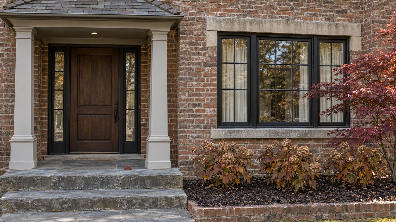 Close view of a brick home's recessed oak entrance and black-framed bay window, with worn bluestone steps and autumn planting.