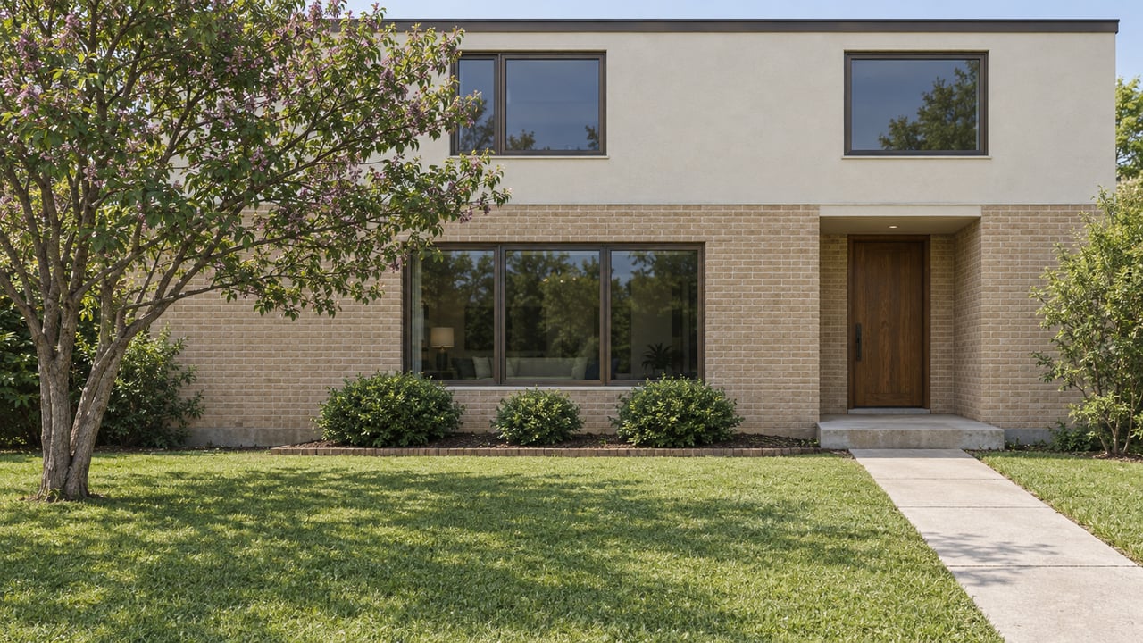 Contemporary buff-brick and ivory-stucco home behind a deep lawn, with bronze-framed windows and a shaded redbud tree.